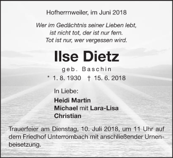 Traueranzeige von Ilse Dietz von Schwäbische Post