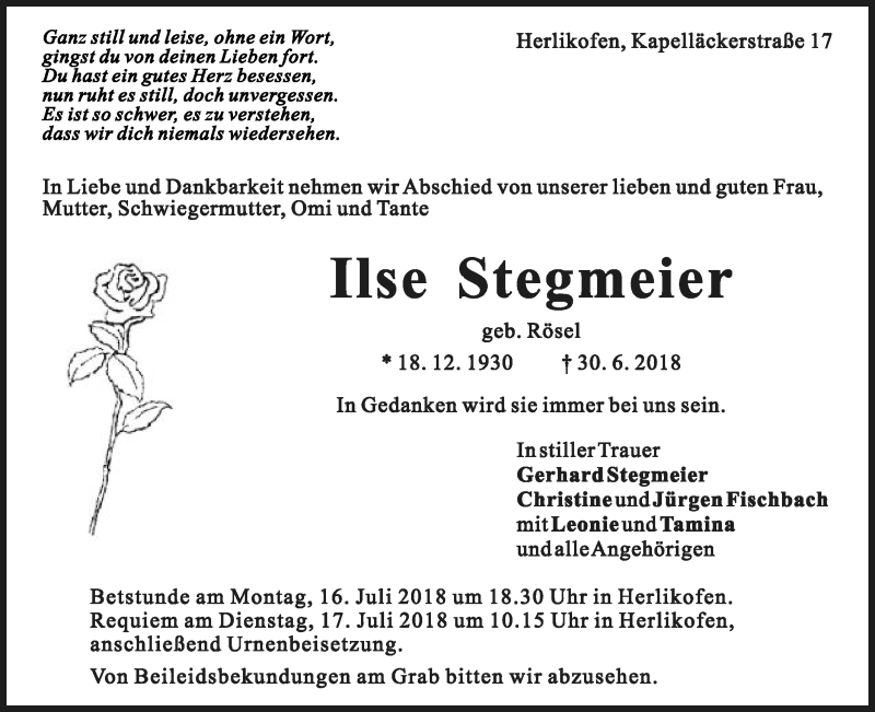  Traueranzeige für Ilse Stegmeier vom 11.07.2018 aus Gmünder Tagespost