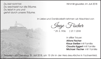 Traueranzeige von Inge Fischer von Schwäbische Post