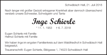 Traueranzeige von Inge Schierle von Gmünder Tagespost