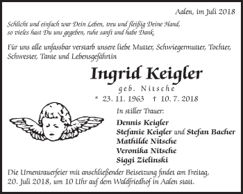 Traueranzeige von Ingrid Keigler von Schwäbische Post