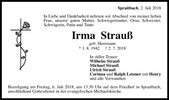 Traueranzeige von Irma Strauß von Gmünder Tagespost