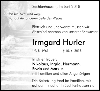 Traueranzeige von Irmgard Hurler von Schwäbische Post