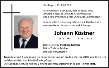 Traueranzeige von Johann Köstner von Schwäbische Post