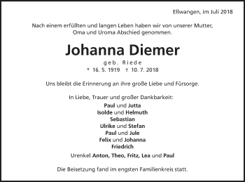 Traueranzeige von Johanna Diemer von Schwäbische Post