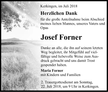 Traueranzeige von Josef Forner von Schwäbische Post