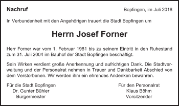 Traueranzeige von Josef Forner von Bopfinger Stadtanzeiger