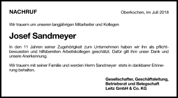 Traueranzeige von Josef Sandmeyer von Schwäbische Post