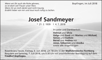 Traueranzeige von Josef Sandmeyer von Schwäbische Post