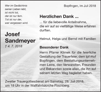 Traueranzeige von Josef Sandmeyer von Schwäbische Post