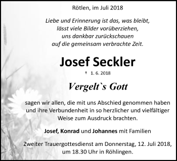 Traueranzeige von Josef Seckler von Schwäbische Post