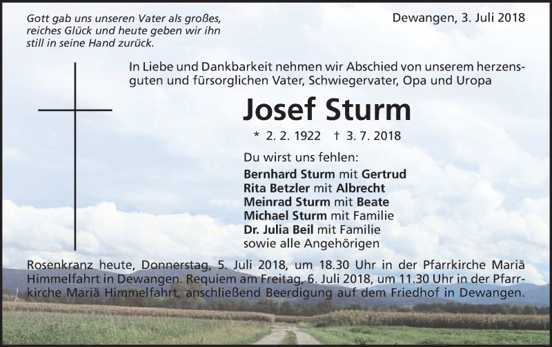  Traueranzeige für Josef Sturm vom 05.07.2018 aus Schwäbische Post