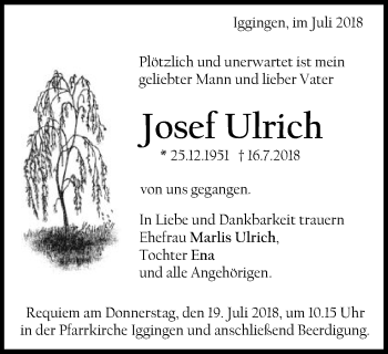 Traueranzeige von Josef Ulrich von Gmünder Tagespost
