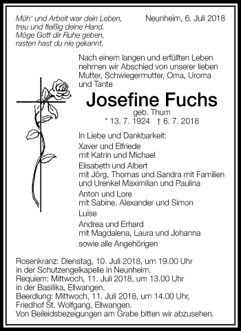 Traueranzeige von Josefine Fuchs von Schwäbische Post