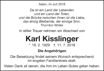Traueranzeige von Karl Kisslinger von Schwäbische Post