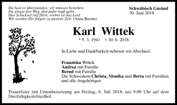 Traueranzeige von Karl Wittek  von Gmünder Tagespost