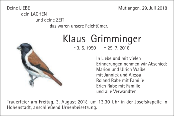 Traueranzeige von Klaus Grimminger