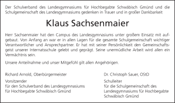Traueranzeige von Klaus Sachsenmaier von Gmünder Tagespost