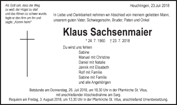 Traueranzeige von Klaus Sachsenmaier von Gmünder Tagespost