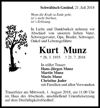 Traueranzeige von Kurt Munz von Gmünder Tagespost