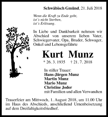 Traueranzeige von Kurt Munz