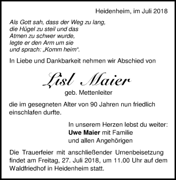 Traueranzeige von Lisl Maier von Schwäbische Post