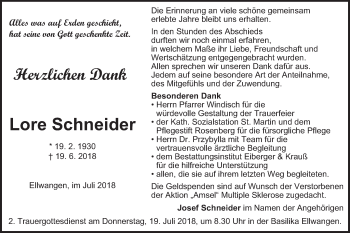 Traueranzeige von Lore Schneider von Schwäbische Post