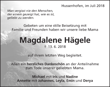 Traueranzeige von Magdalene Hägele von Gmünder Tagespost