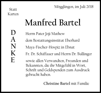 Traueranzeige von Manfred Bartel von Gmünder Tagespost