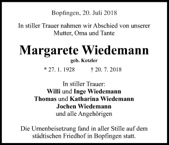 Traueranzeige von Margarete Wiedemann von Schwäbische Post