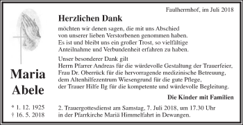 Traueranzeige von Maria Abele von Schwäbische Post