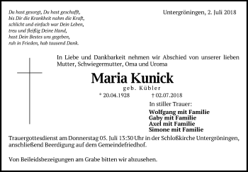 Traueranzeige von Maria Kunick von Gmünder Tagespost