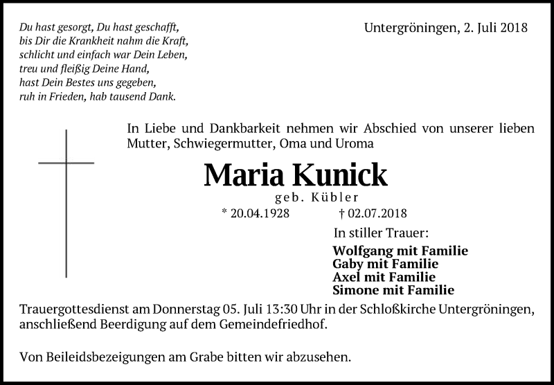  Traueranzeige für Maria Kunick vom 04.07.2018 aus Gmünder Tagespost