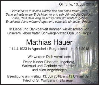 Traueranzeige von Mathias Hauer von Schwäbische Post