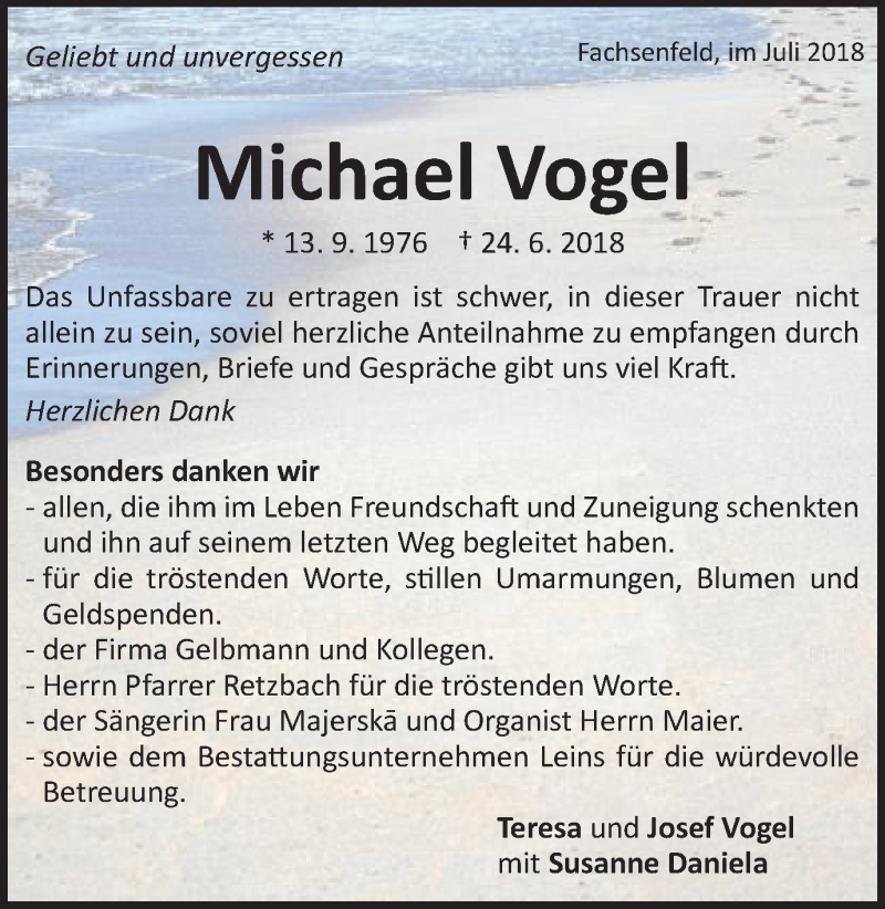 Traueranzeige für Michael Vogel vom 18.07.2018 aus Schwäbische Post