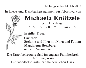 Traueranzeige von Michaela Knötzele von Schwäbische Post