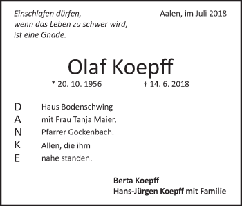 Traueranzeige von Olaf Koepff von Schwäbische Post
