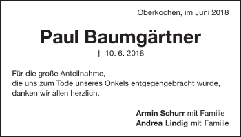 Traueranzeige von Paul Baumgärtner von Amtsblatt_Oko