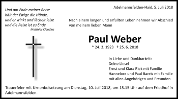 Traueranzeige von Paul Weber von Schwäbische Post