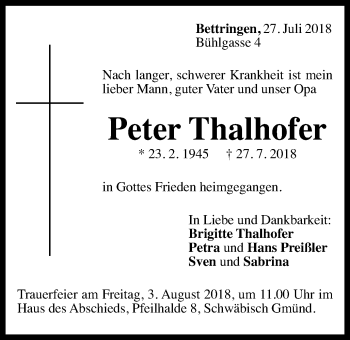 Traueranzeige von Peter Thalhofer von Gmünder Tagespost