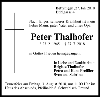 Traueranzeige von Peter Thalhofer