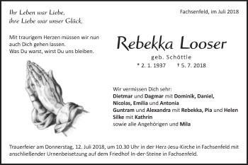 Traueranzeige von Rebekka Looser von Schwäbische Post