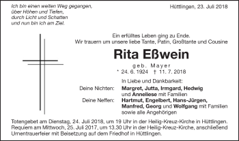 Traueranzeige von Rita Eßwein von Schwäbische Post
