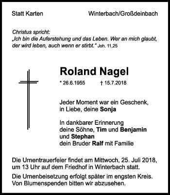 Traueranzeige von Roland Nagel von Gmünder Tagespost