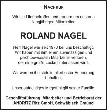 Traueranzeige von Roland Nagel von Gmünder Tagespost