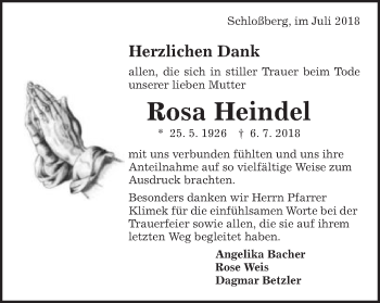 Traueranzeige von Rosa Heindel von Schwäbische Post