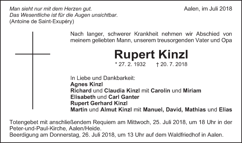  Traueranzeige für Rupert Kinzl vom 24.07.2018 aus Schwäbische Post