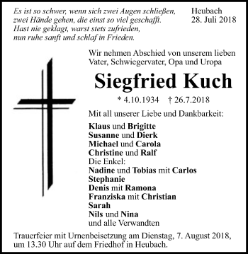 Traueranzeige von Siegfried Kuch von Gmünder Tagespost