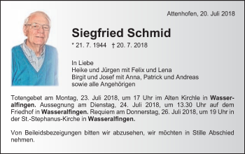 Traueranzeige von Siegfried Schmid von Schwäbische Post