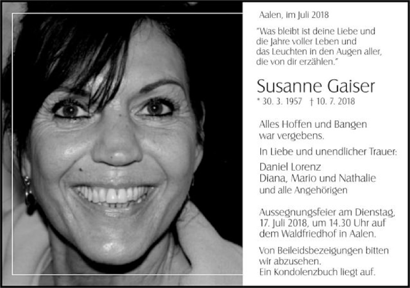  Traueranzeige für Susanne Gaiser vom 14.07.2018 aus Schwäbische Post